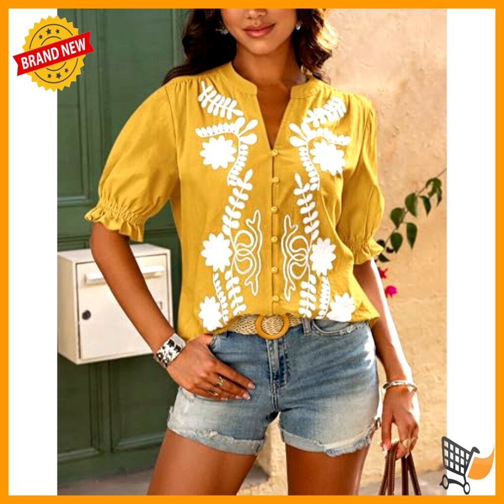 Women's V-Neck Puff Sleeve Button Down Blouse Floral Embroidered Tunic - Picture 4 of 7